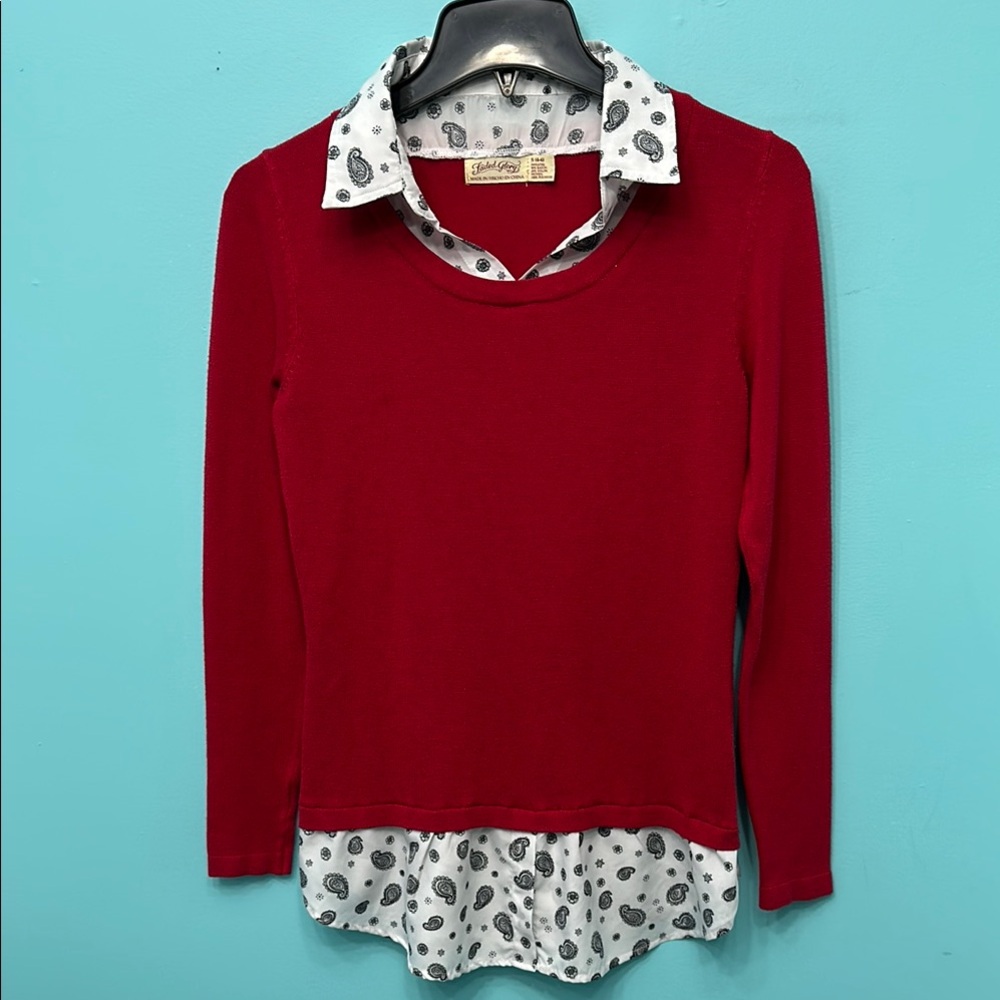 Red Sweater with Paisley Shirt